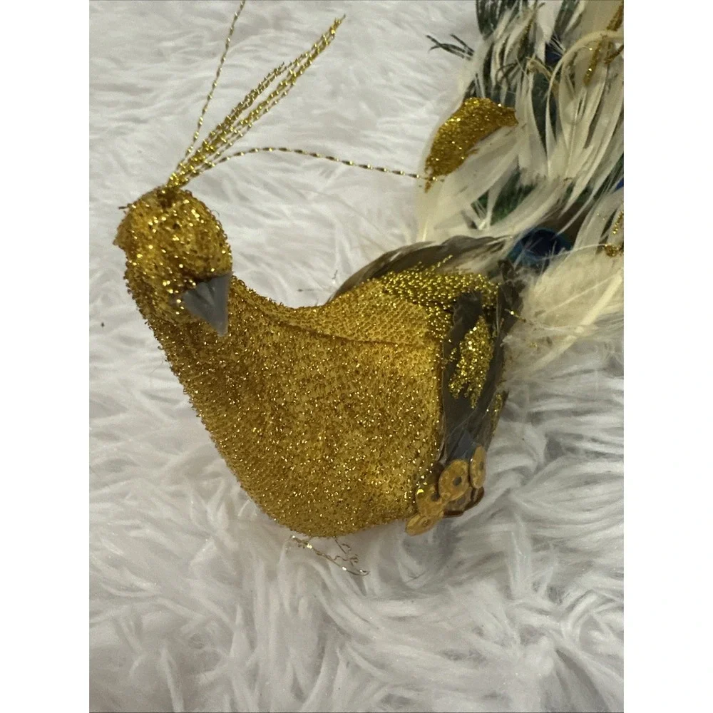 Vtg Pier One Gold Peacock Clip On Ornament Embellished Feathered Vintage Lot 2